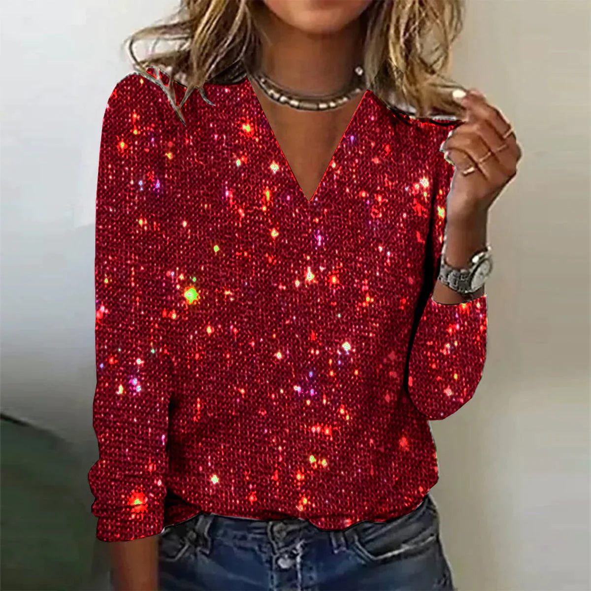 Helle - Funkelnder Pullover mit V-Ausschnitt
