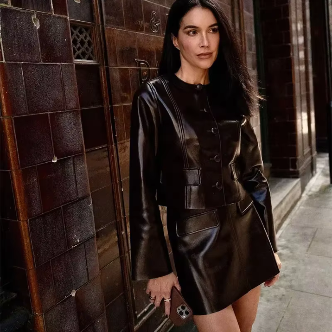Aava Rock Set | Edles Zweiteiler Set mit PU Lederjacke und Minirock