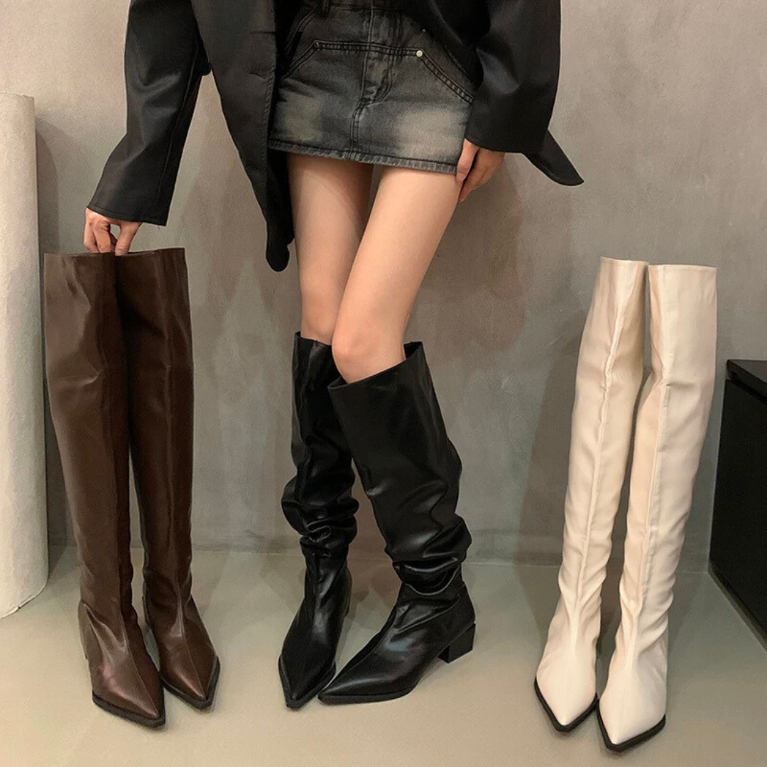 Lillymoda | Aaliyah - kniehohe Stiefel mit klobigem Absatz