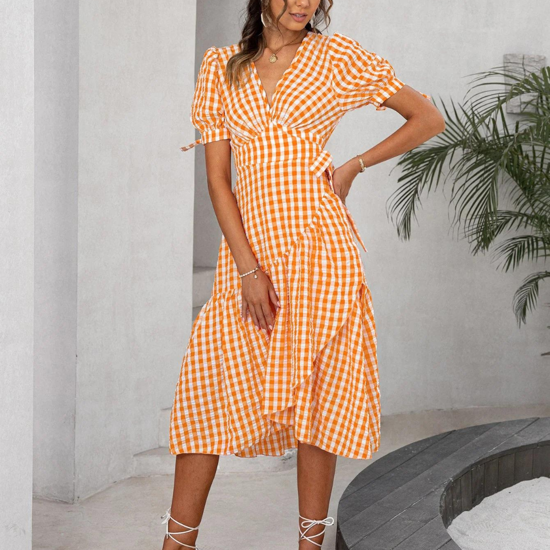 Heike Rock kleid | Klassisches Midi-Kleid mit Puffärmeln und Karomuster