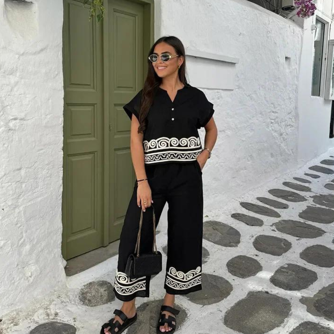 Anneliese Zweiteiliges Set | Vintage-Print V-Ausschnitt Top mit Weitbein-Hose für den Sommer