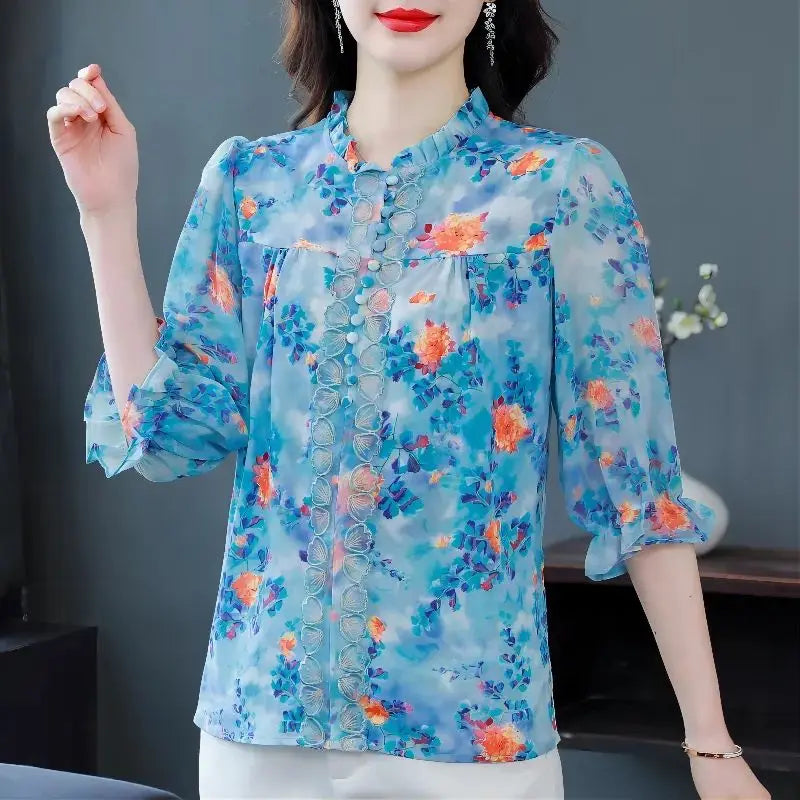 Alison - Halbhoher Kragen Bluse mit Druck und Rüschen