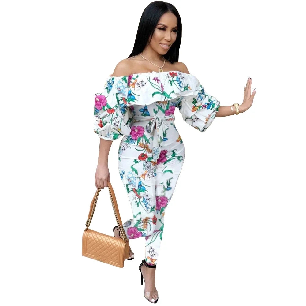Hellen - Schulterfreier, langer Jumpsuit mit Laternenärmeln