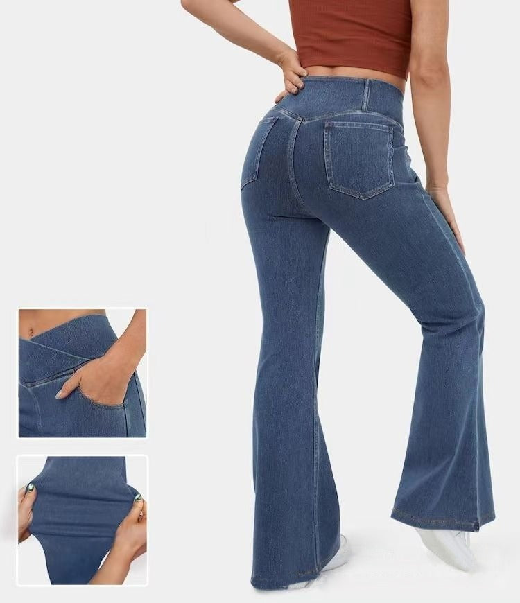 Jeans für Frauen im Schlaghosenschnitt, hoch tailliert und stretchig
