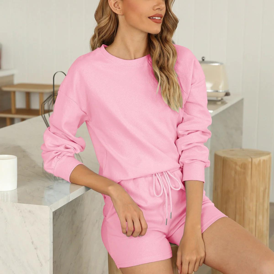 Brigitte Zweiteiliges Set | Elegantes Langarmblusen- und Shorts-Set für Nachtwäsche
