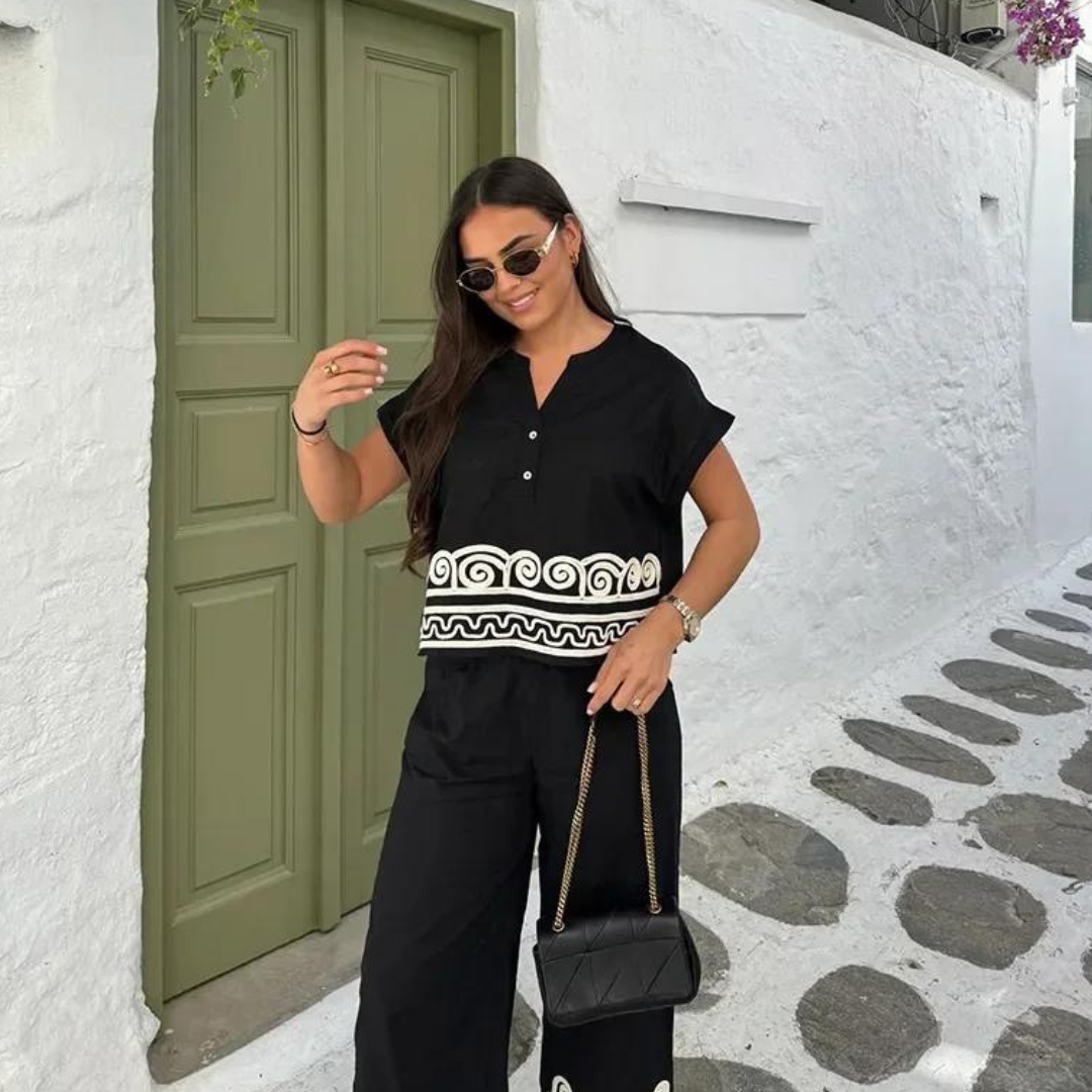Anneliese Zweiteiliges Set | Vintage-Print V-Ausschnitt Top mit Weitbein-Hose für den Sommer
