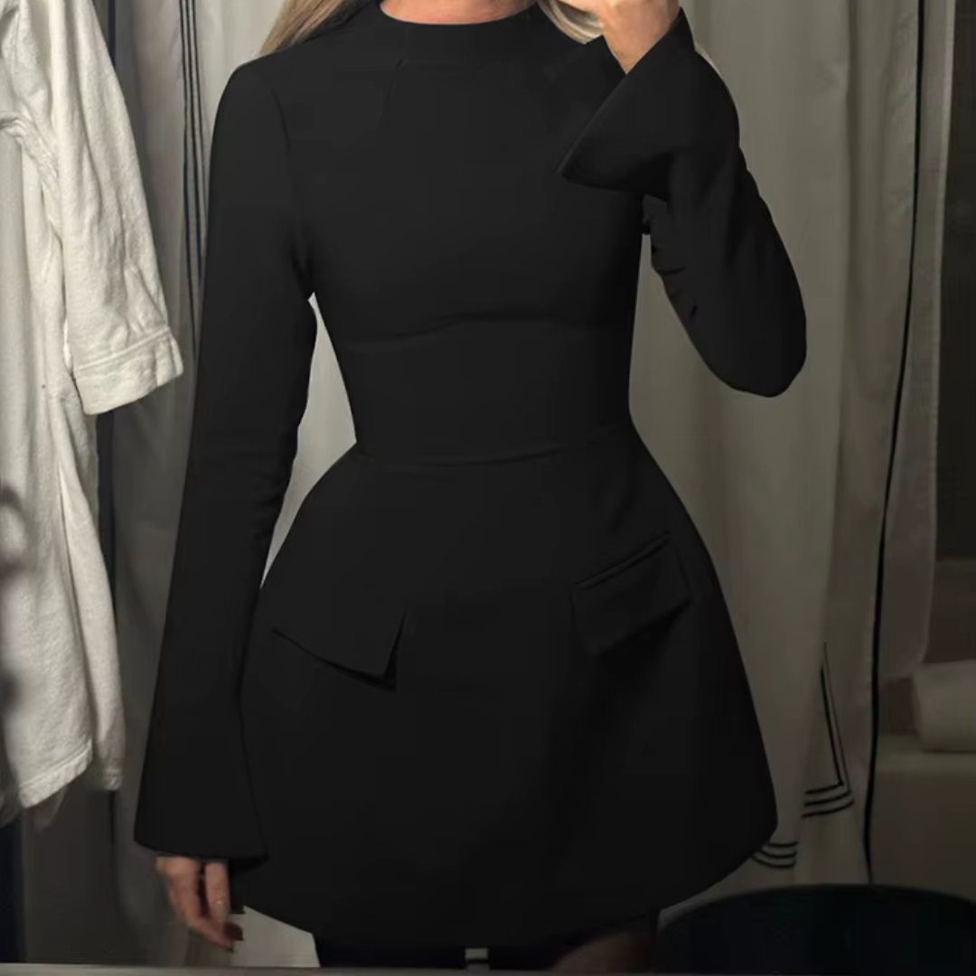 Alina Minikleid | Elegantes schwarzes Kleid mit Taillierung & ausgestellten Ärmeln
