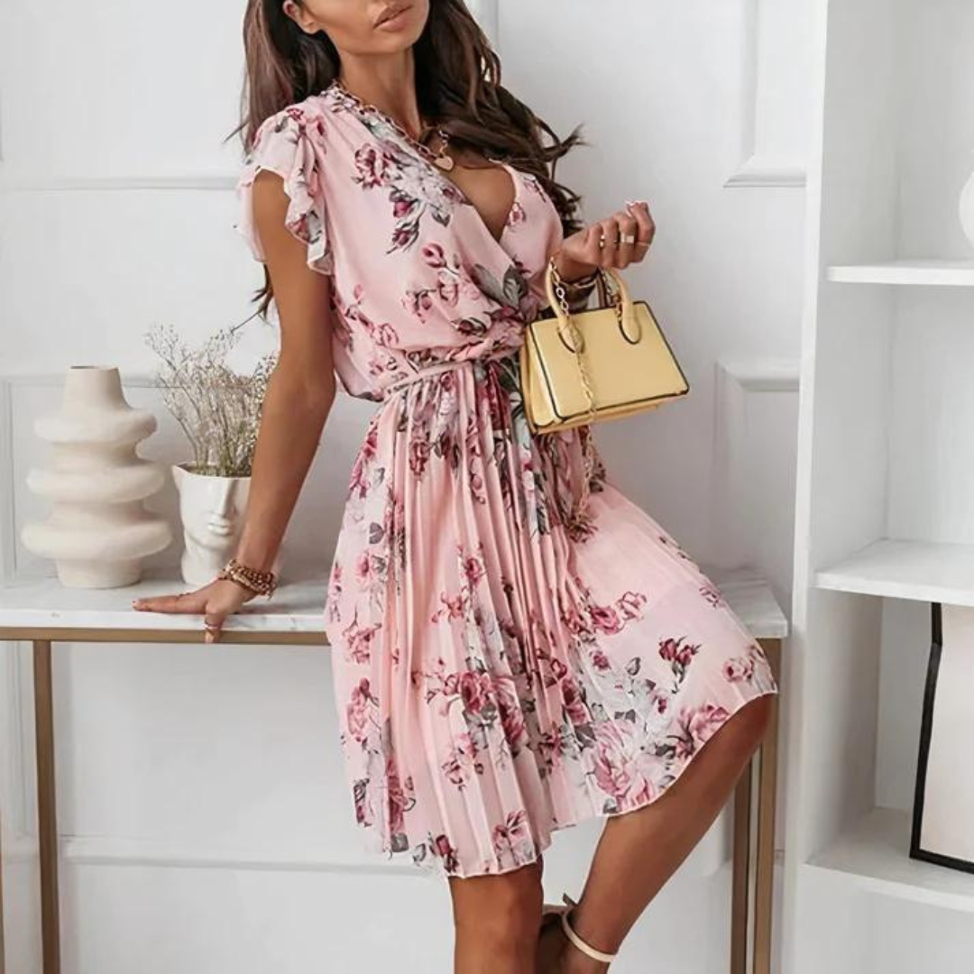 Ursula Kleid | V-Ausschnitt-Kleid mit Blumenmuster und Rüschenärmeln für den Sommer