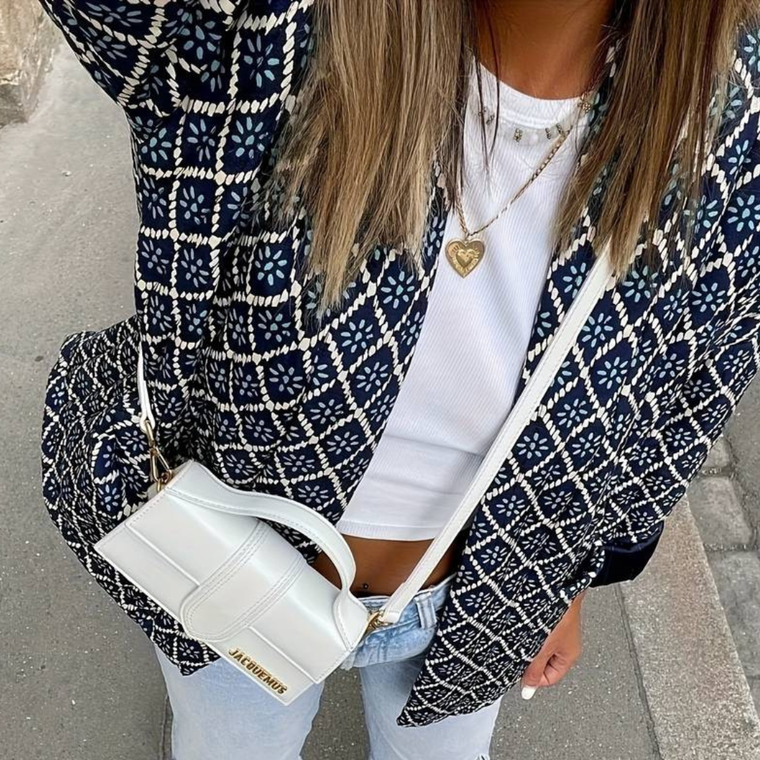 Blaue Jacke | Modische Jacke mit ethnisch inspiriertem grafischem Druck für Frühlingstage