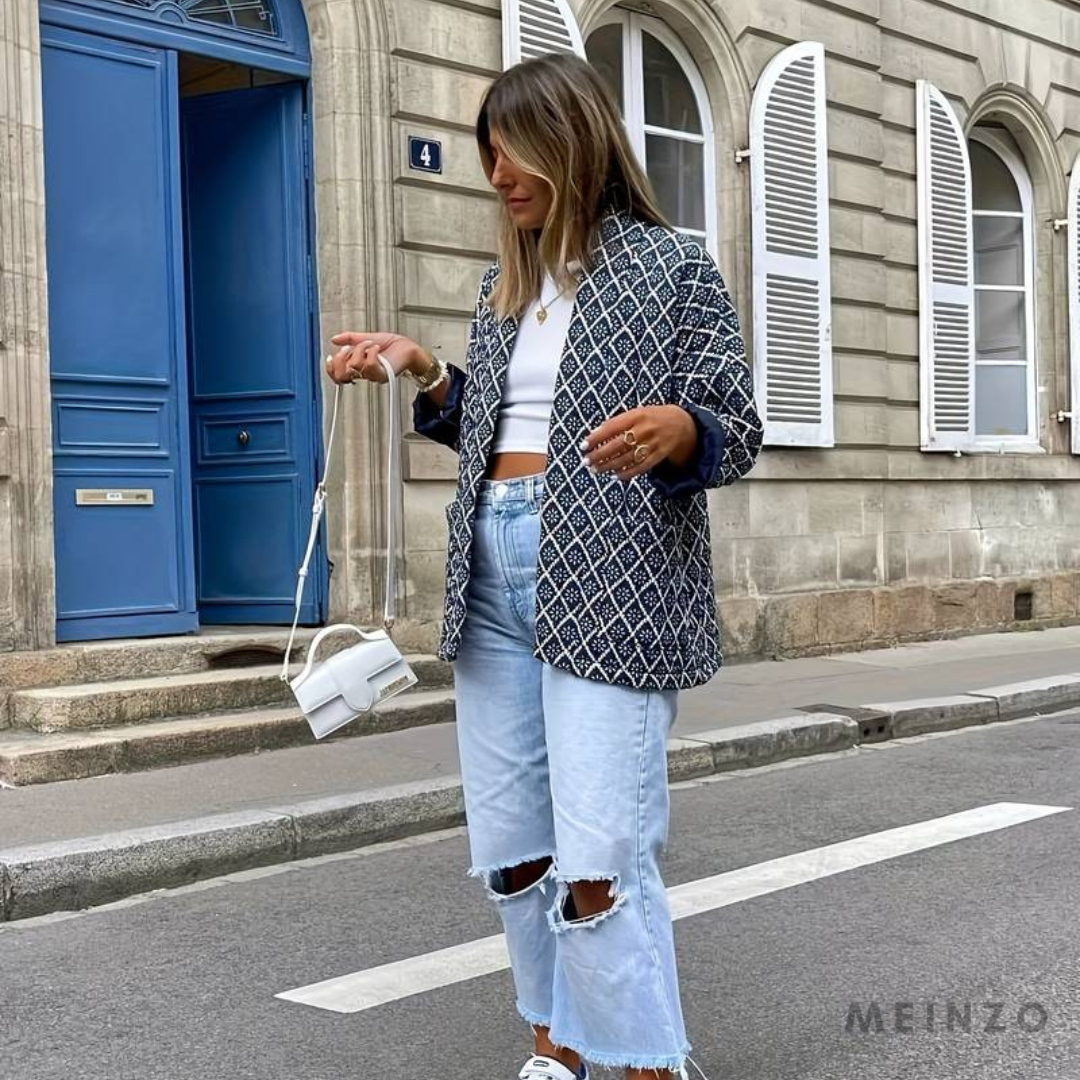 Blaue Jacke | Modische Jacke mit ethnisch inspiriertem grafischem Druck für Frühlingstage