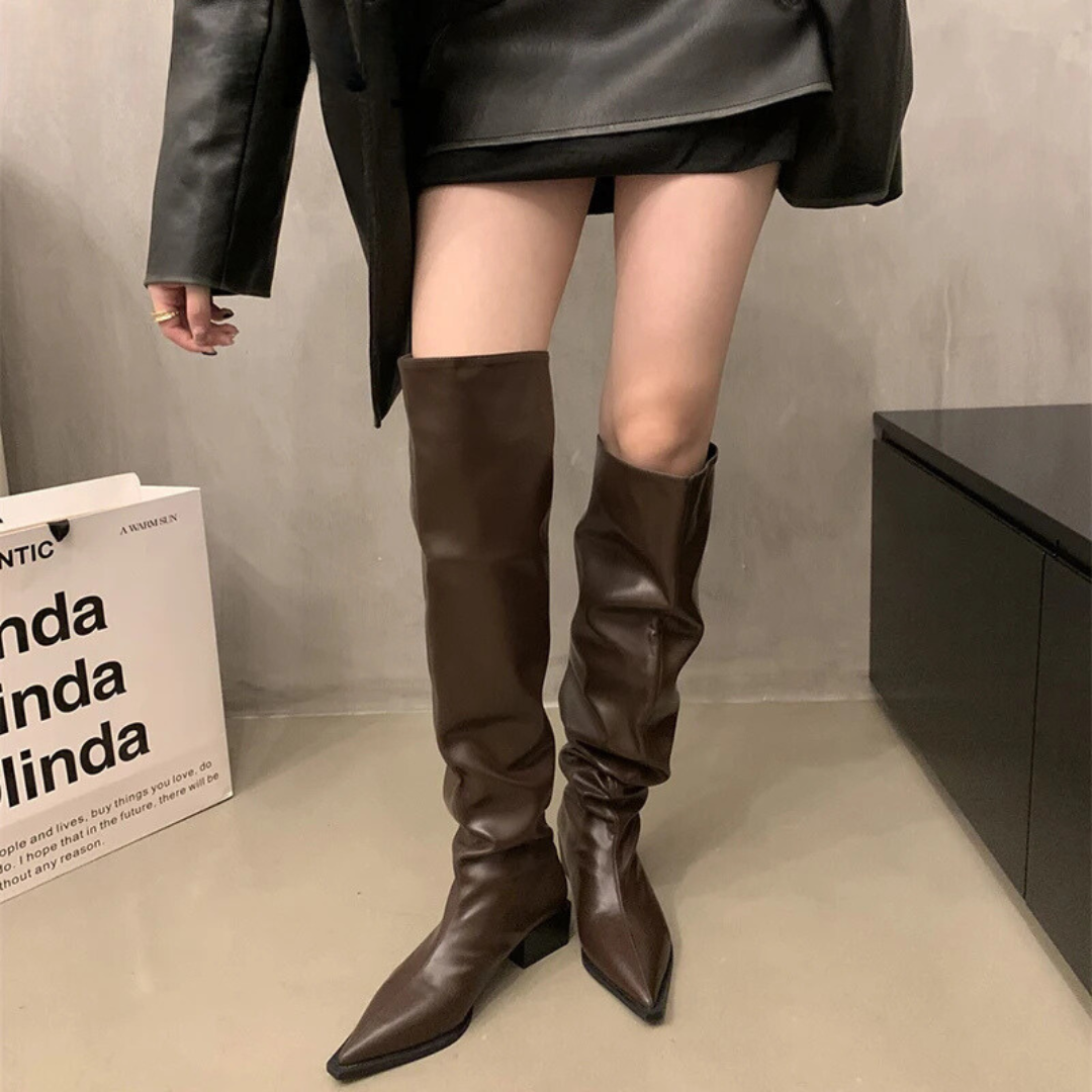 Lillymoda | Aaliyah - kniehohe Stiefel mit klobigem Absatz