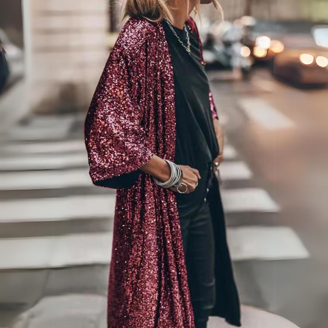 Clara Strickjacke | Elegante, lang geschnittene Strickjacke mit Pailletten und weiten Ärmeln
