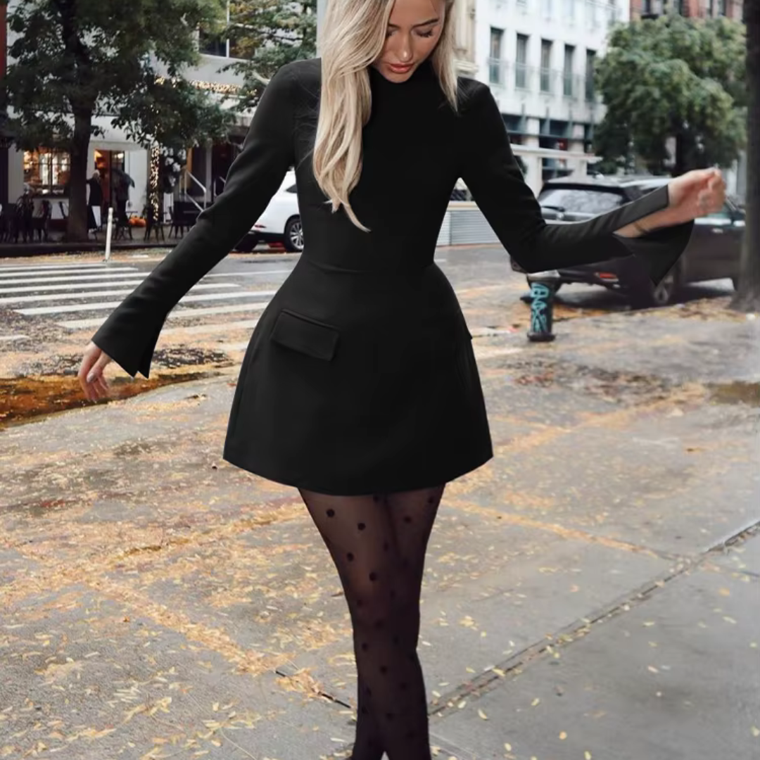 Alina Minikleid | Elegantes schwarzes Kleid mit Taillierung & ausgestellten Ärmeln