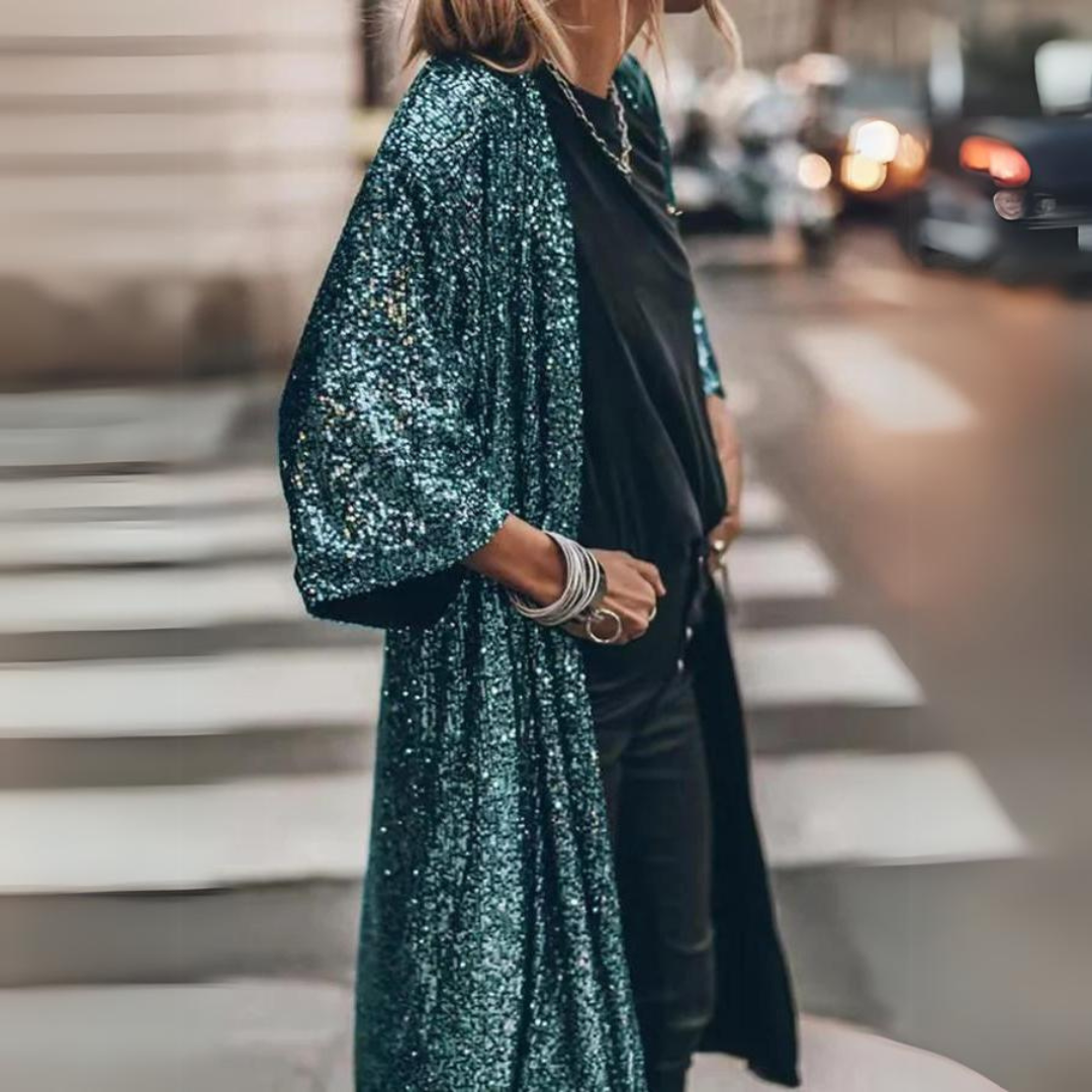 Clara Strickjacke | Elegante, lang geschnittene Strickjacke mit Pailletten und weiten Ärmeln