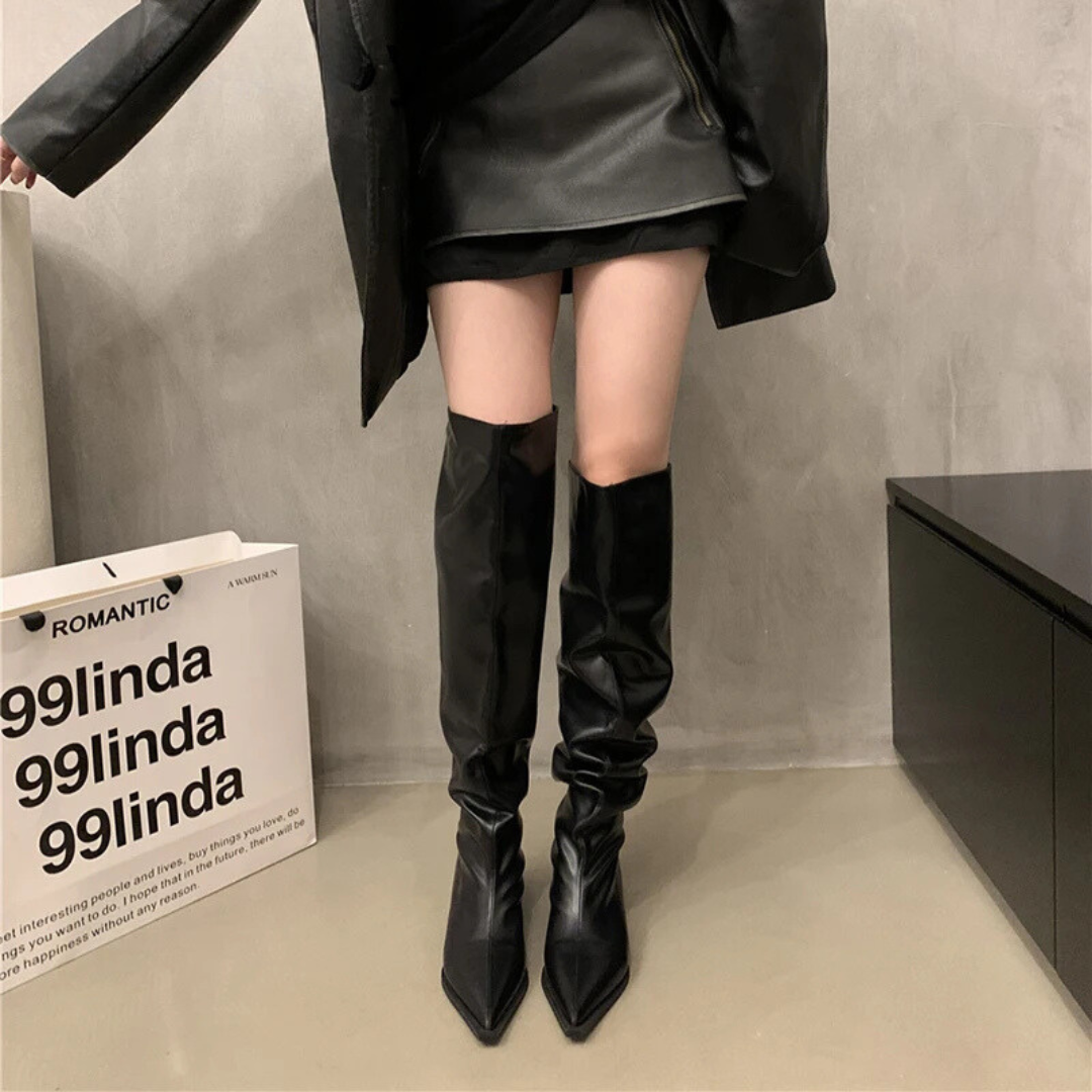 Lillymoda | Aaliyah - kniehohe Stiefel mit klobigem Absatz