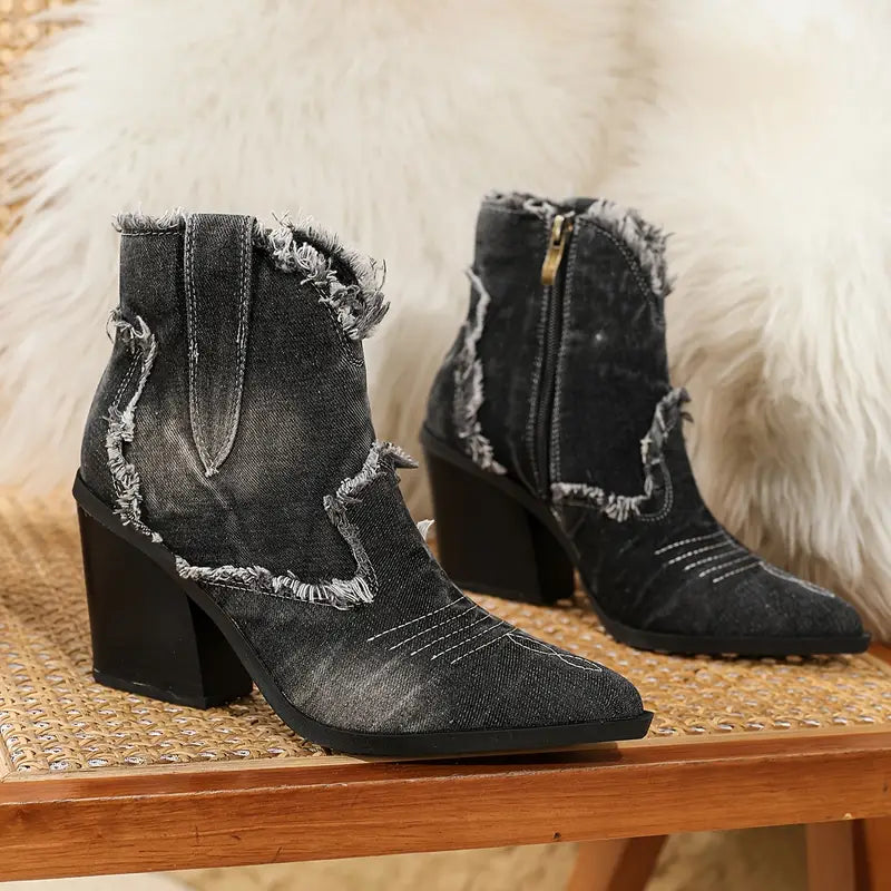 Lillymoda | Bridget - Retro Denim Stiefeletten mit klobigen Absätzen