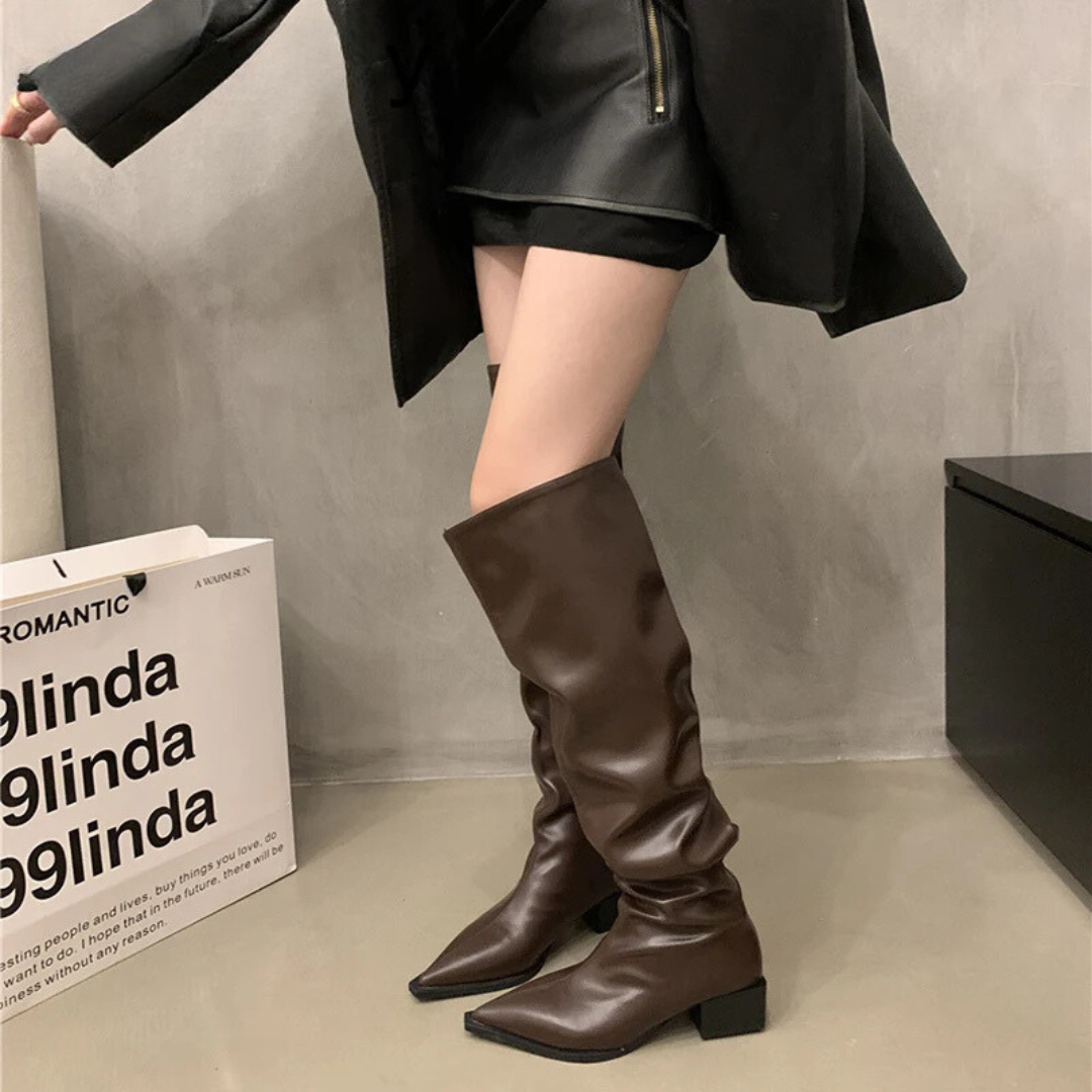 Lillymoda | Aaliyah - kniehohe Stiefel mit klobigem Absatz
