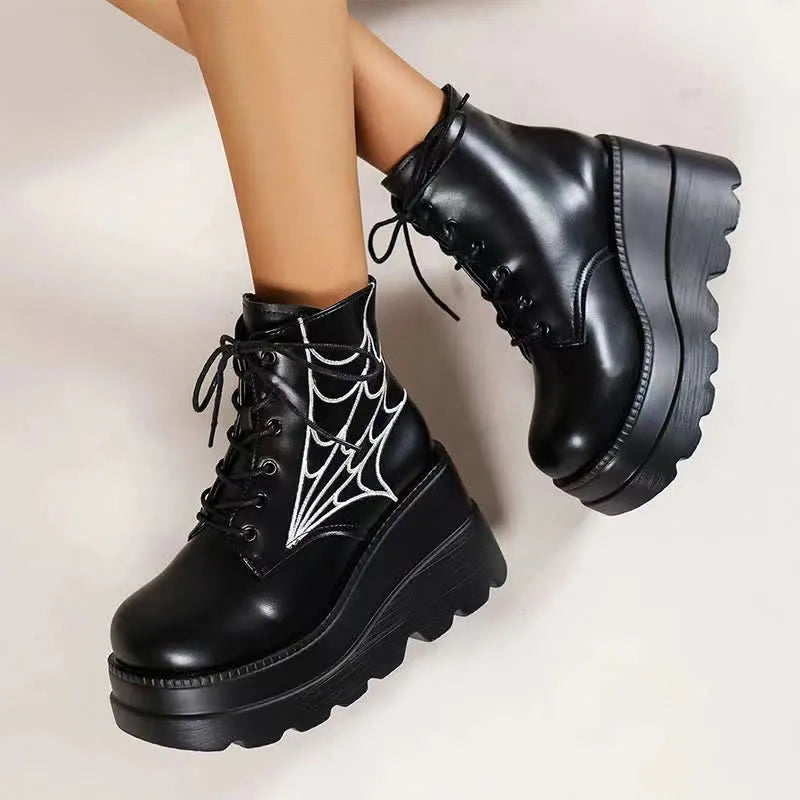 Shea - Gothic Spider-Netz Schnürstiefel