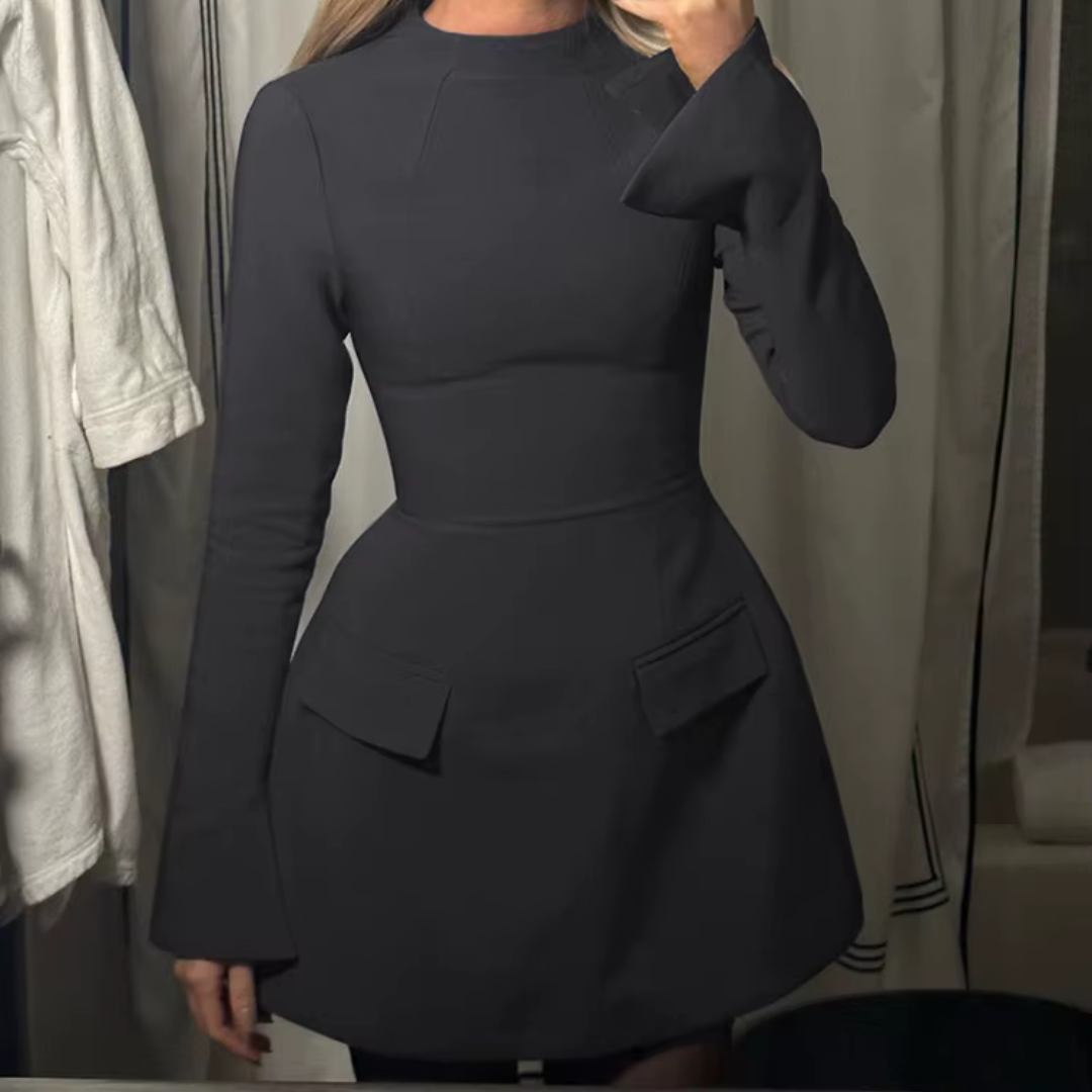 Alina Minikleid | Elegantes schwarzes Kleid mit Taillierung & ausgestellten Ärmeln