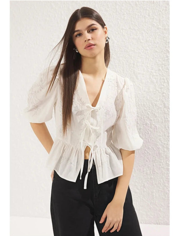 Damen Schnürbluse | Puffärmel