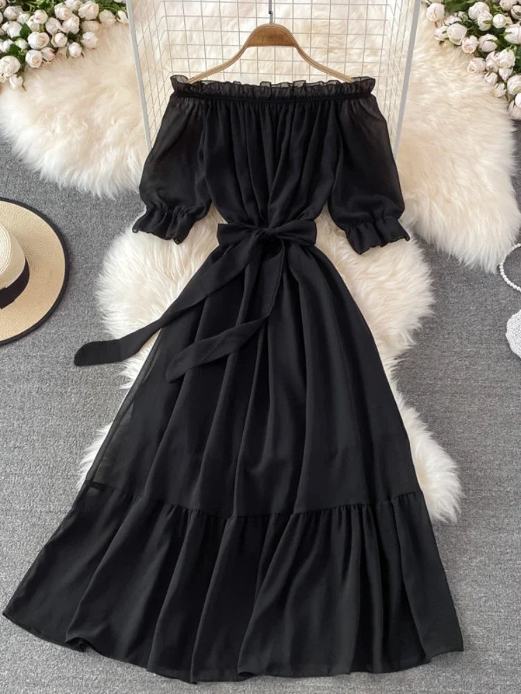 Lillymoda | Jayda - Stilvolles schulterfreies Chiffon-Kleid