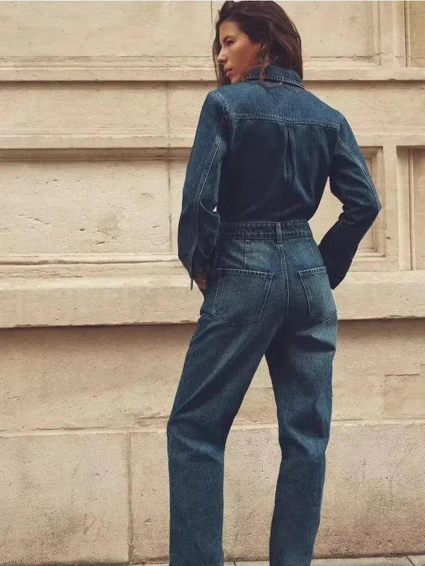 Braelyn - Langärmliger Overall aus blauem Denim mit stilvoller Verzierung vorne