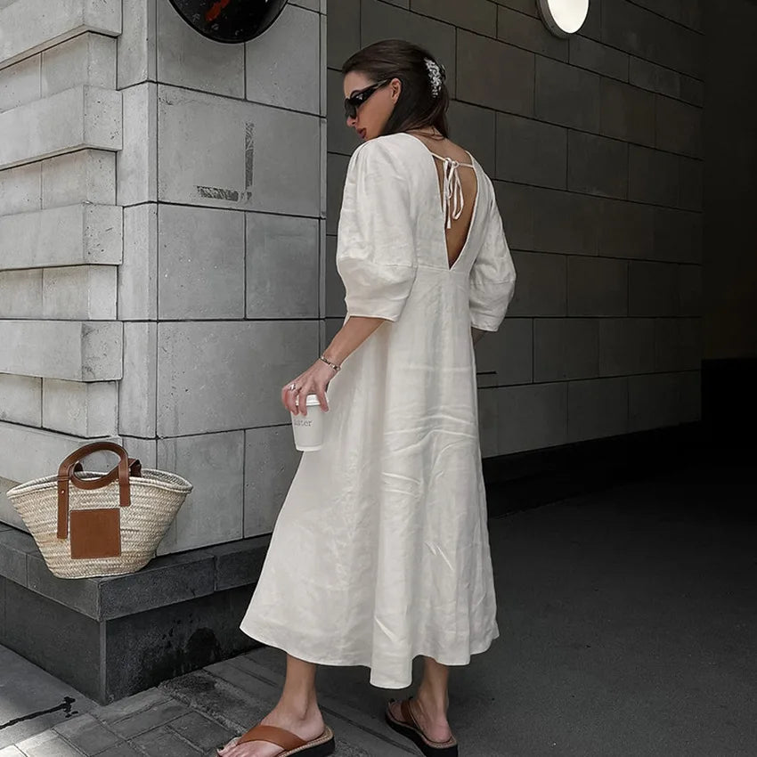 Lillymoda | Alyssa - Langes Rückenfreies Kleid mit Puffärmeln