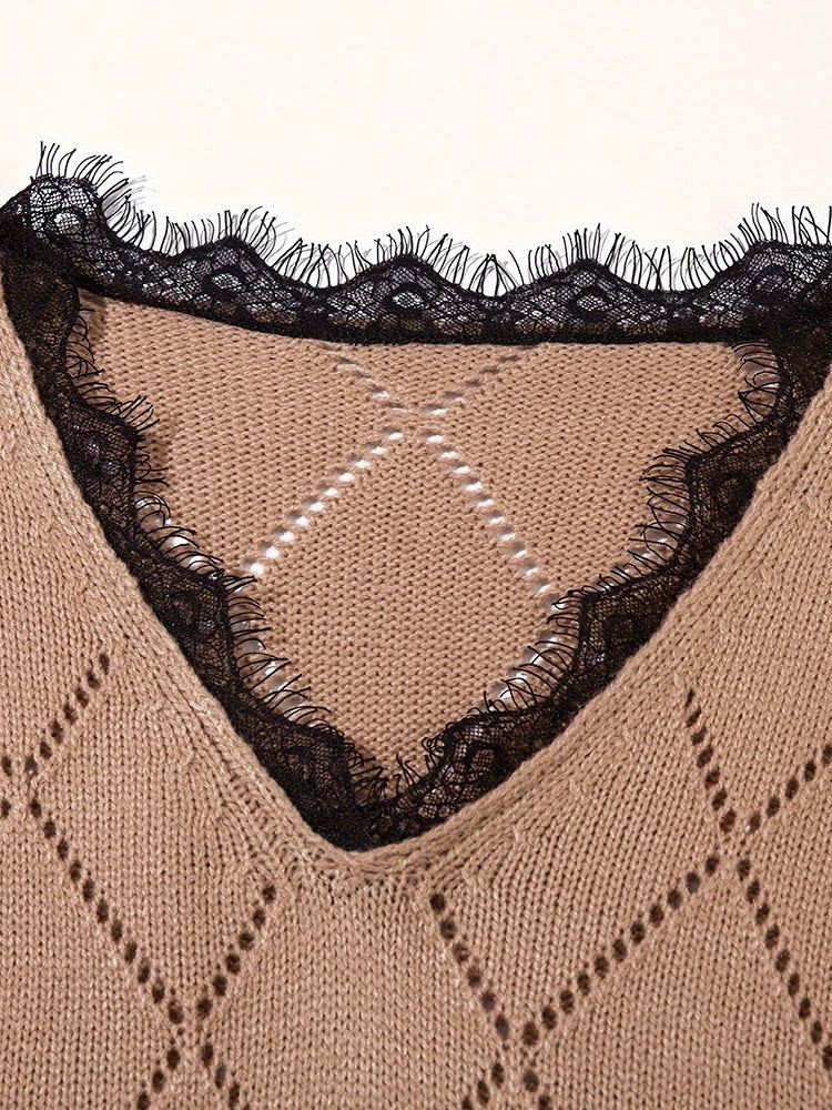 Lillymoda | Collins - Strickpullover mit V-Ausschnitt und Spitzenärmeln