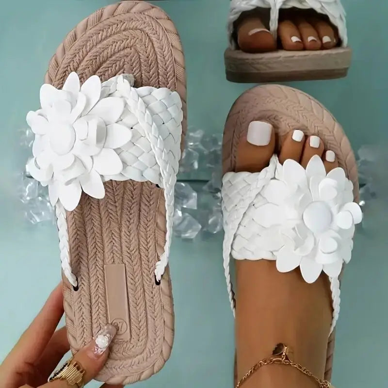 Marcella - Damen Blumen Flache Hausschuhe mit Geflochtenem Riemen