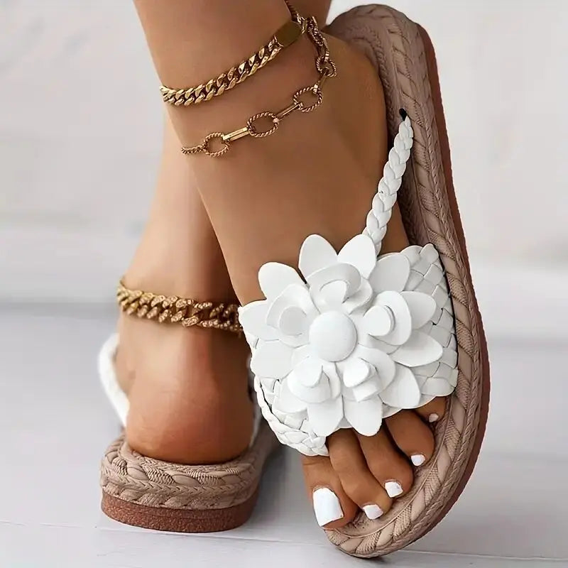 Marcella - Damen Blumen Flache Hausschuhe mit Geflochtenem Riemen