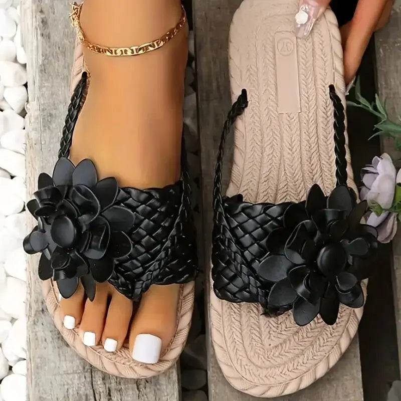 Marcella - Damen Blumen Flache Hausschuhe mit Geflochtenem Riemen