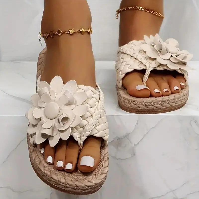Marcella - Damen Blumen Flache Hausschuhe mit Geflochtenem Riemen