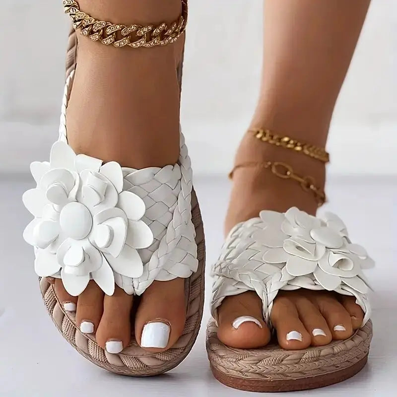 Marcella - Damen Blumen Flache Hausschuhe mit Geflochtenem Riemen