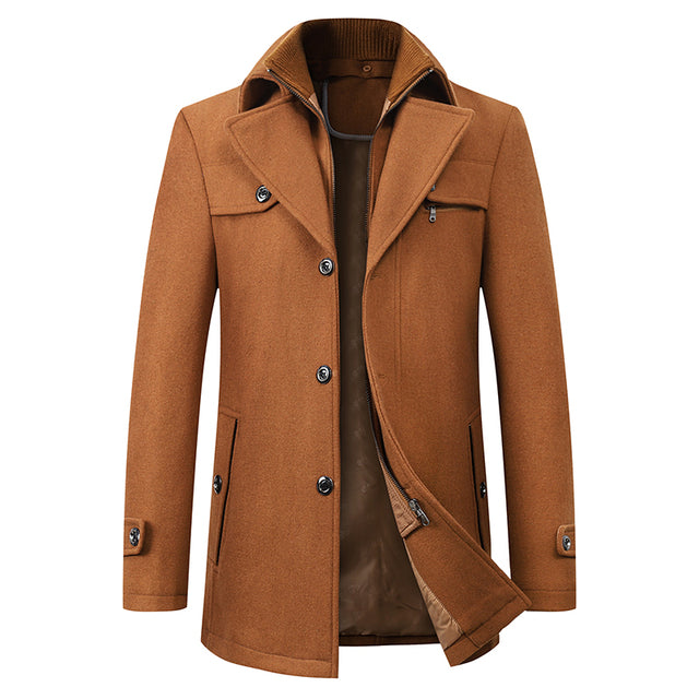 Einreihiger Woll-Trenchcoat für Herren mit Reißverschluss – Wollmantel – Winterjacken für Herren
