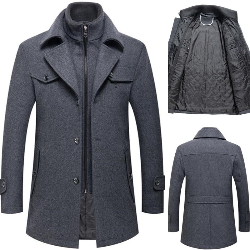 Einreihiger Woll-Trenchcoat für Herren mit Reißverschluss – Wollmantel – Winterjacken für Herren