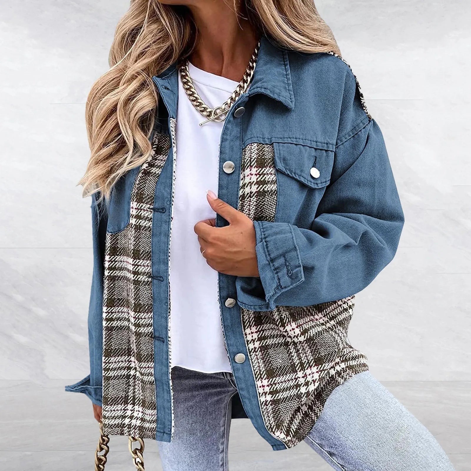 Lillymoda | Faith - Lässiger Karierter Denim-Mantel