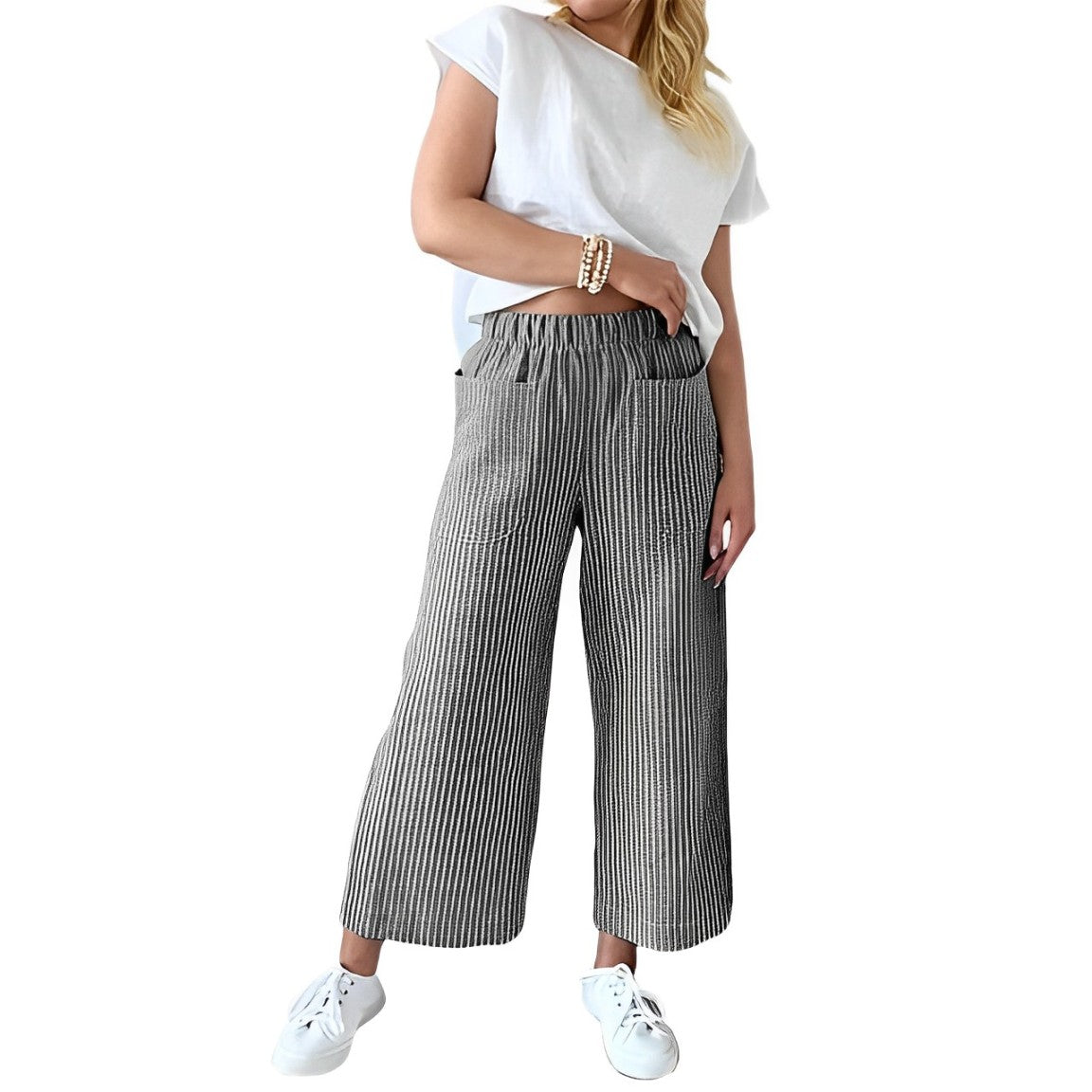Hosen aus Baumwolle und Hanf für Frauen. Lässiger Stil mit Taschen