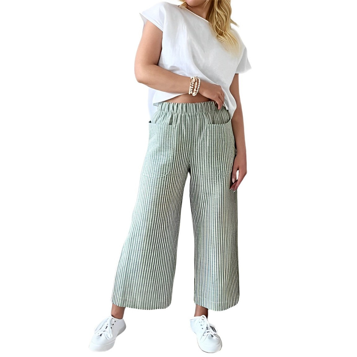 Hosen aus Baumwolle und Hanf für Frauen. Lässiger Stil mit Taschen
