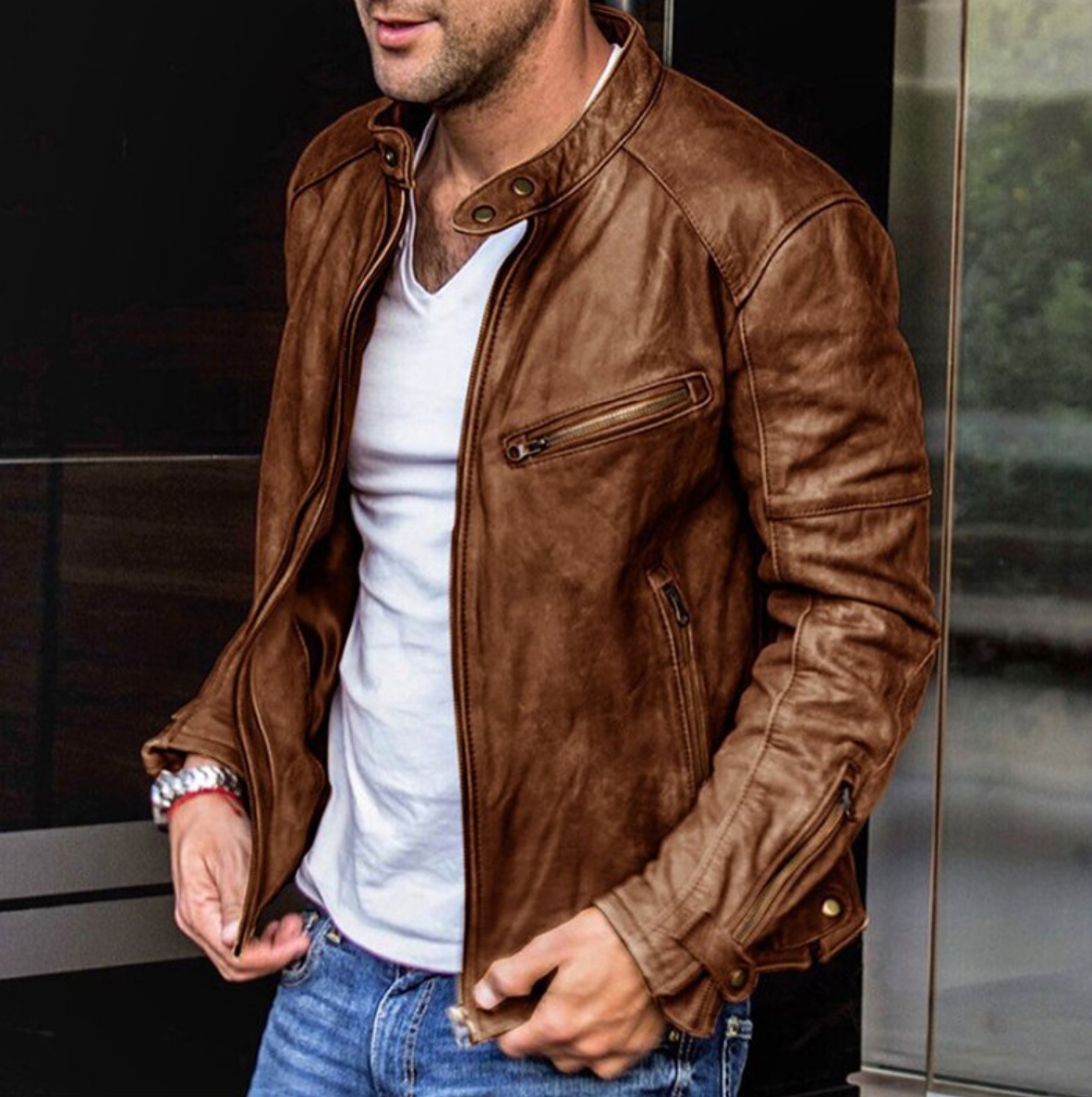 Lederjacke | Normale Passform | Reißverschluss | Herren-Lederjacke | Bikerjacke