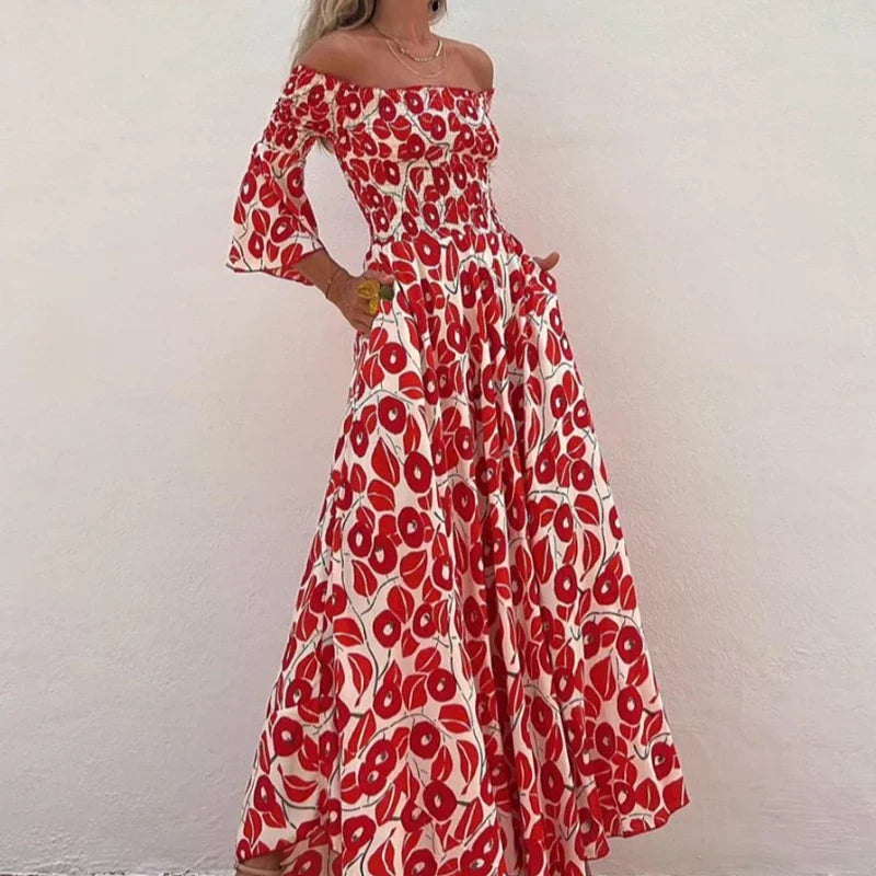 Lillymoda | Amora - Bedrucktes Maxikleid mit Off-Shoulder