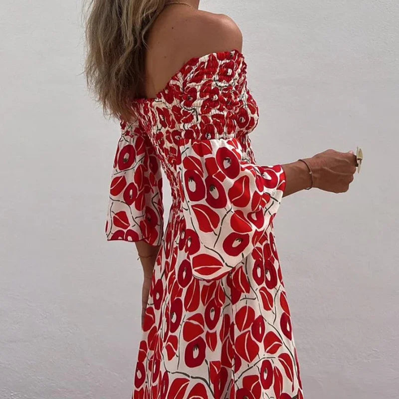 Lillymoda | Amora - Bedrucktes Maxikleid mit Off-Shoulder