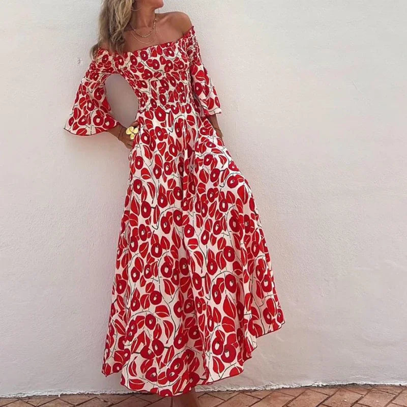 Lillymoda | Amora - Bedrucktes Maxikleid mit Off-Shoulder