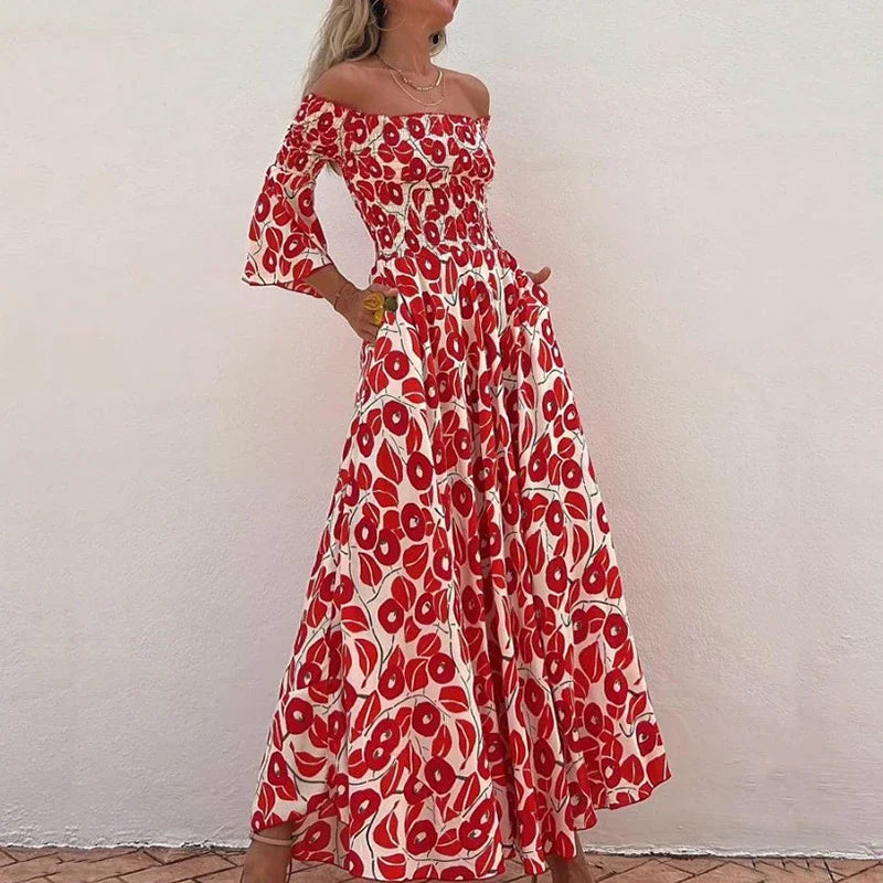 Lillymoda | Amora - Bedrucktes Maxikleid mit Off-Shoulder