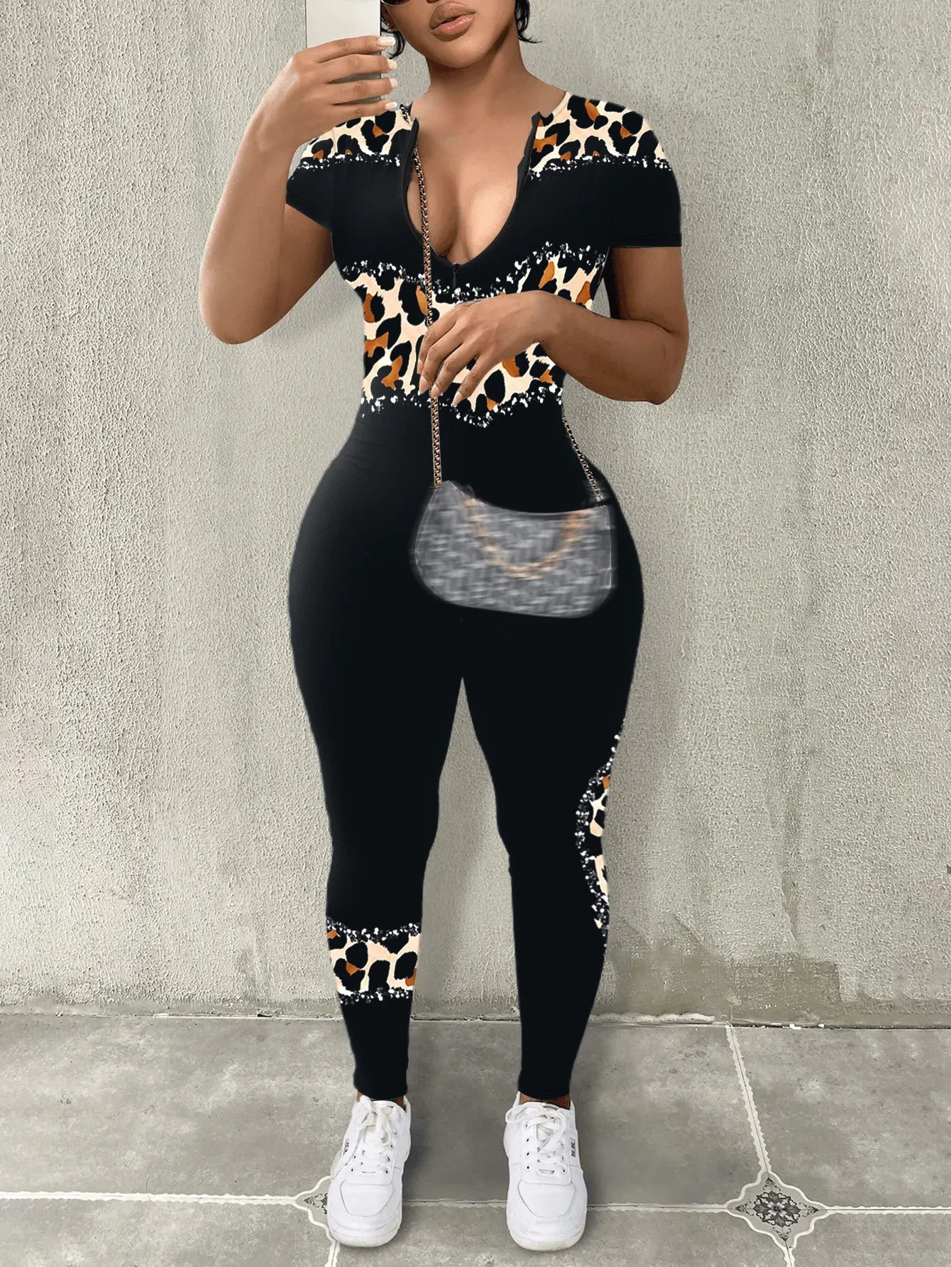 Tilda - Geometrischer Druck Reißverschluss-Design Jumpsuit