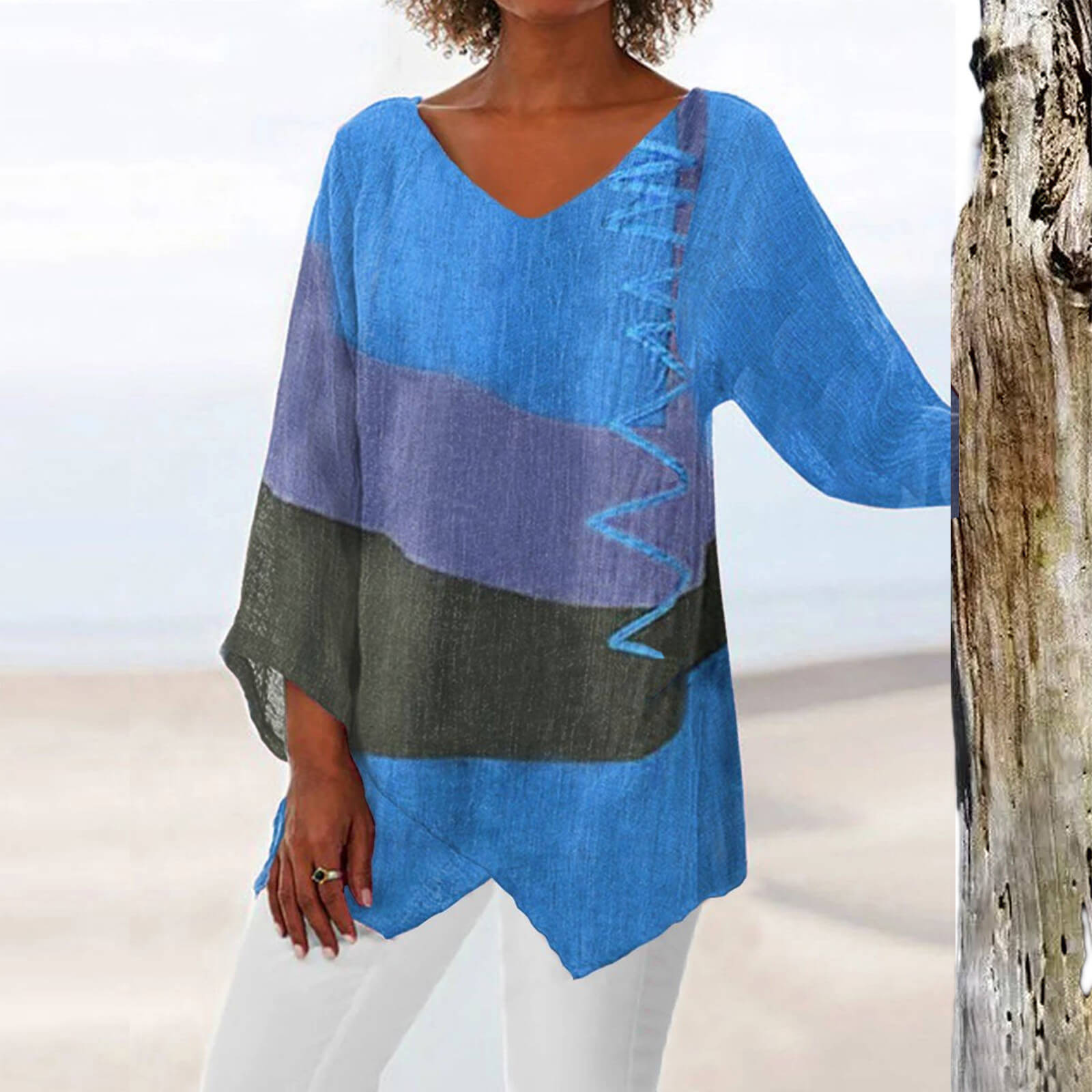 Damen Sommerbluse mit Streifen und Stehkragen – Leonie