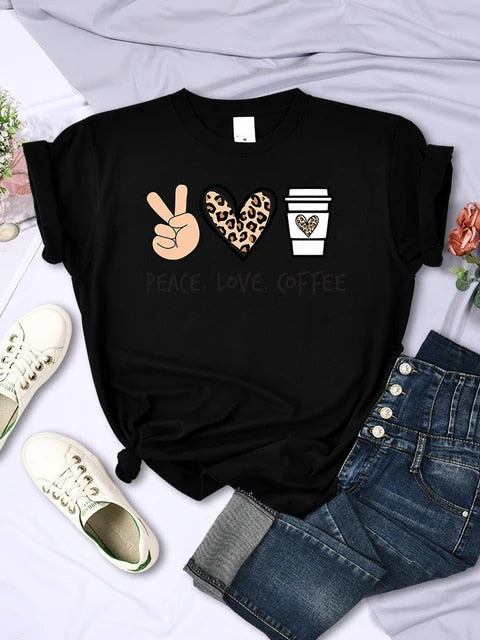 Gracia - Peace Love Coffee Prints Damen T-Shirt aus Baumwolle
