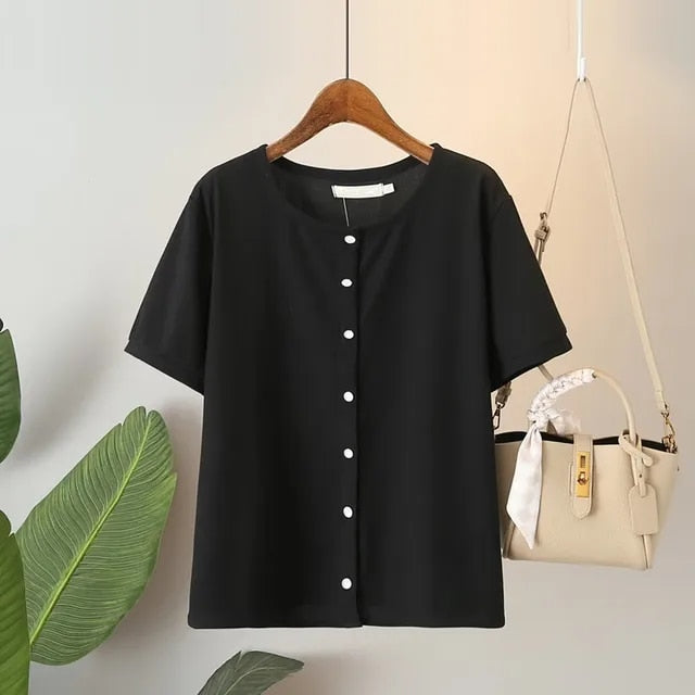 Katheryn - Einfaches Strickwaffel-Stretch-Rundhals-T-Shirt mit kurzen Ärmeln
