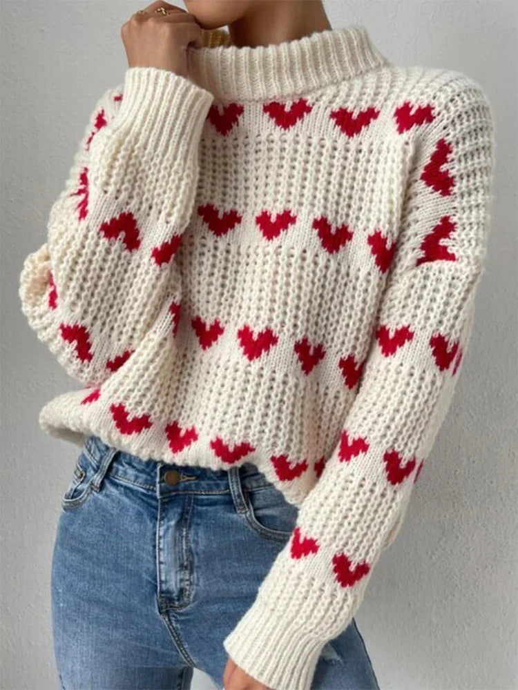 Damen Winterpullover mit Herzmuster – Lässiger Rundhals Acrylpullover mit Drop-Schultern - Elouise