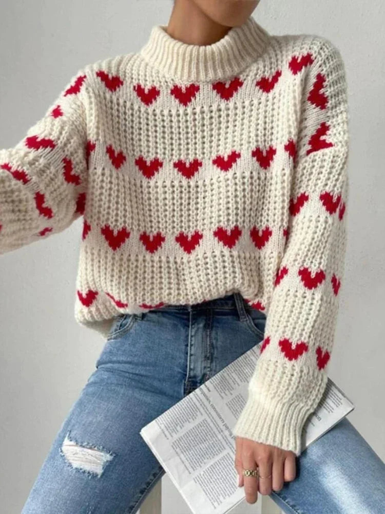 Damen Winterpullover mit Herzmuster – Lässiger Rundhals Acrylpullover mit Drop-Schultern - Elouise