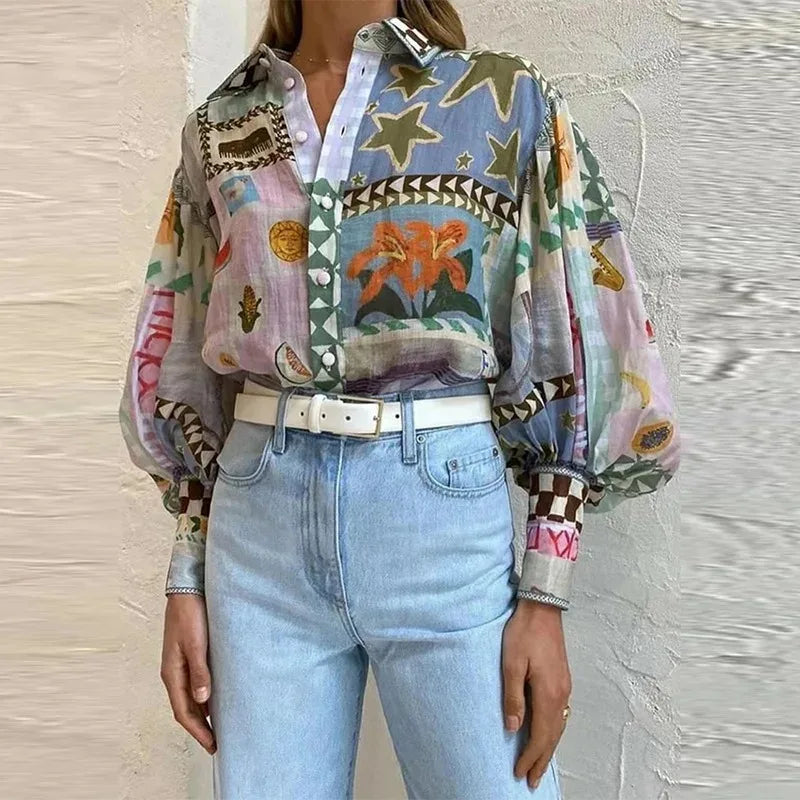 Retro Bunte Muster Bluse - Violetta